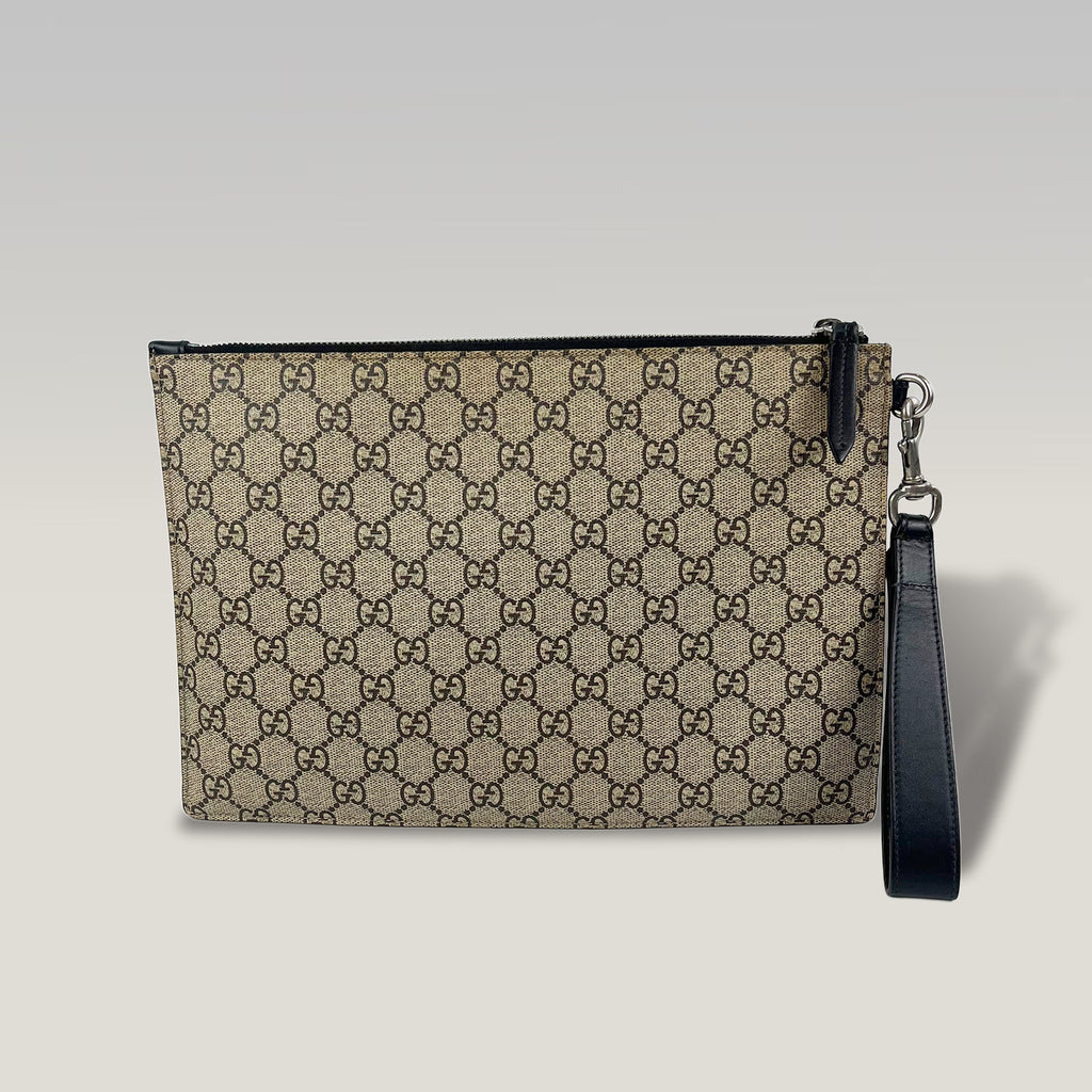 Gucci GG Supreme Bee Print Wristlet Clutch Bag Beige Ebony Canvas