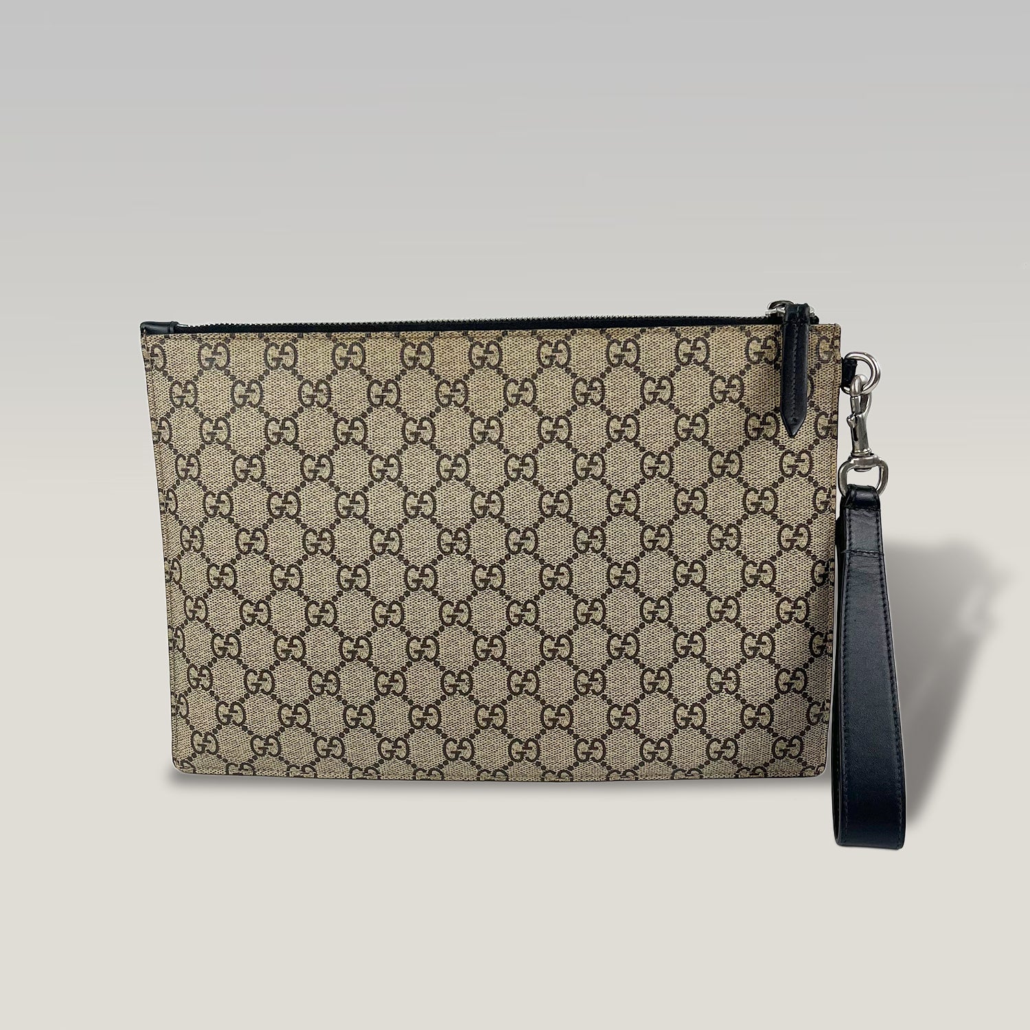 Gucci GG Supreme Bee Print Wristlet Clutch Bag Beige Ebony Canvas