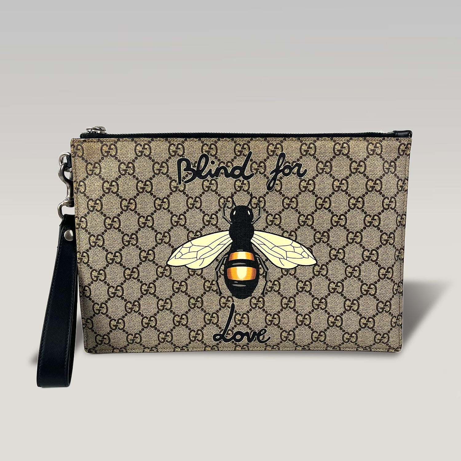Gucci GG Supreme Bee Print Wristlet Clutch Bag Beige Ebony Canvas
