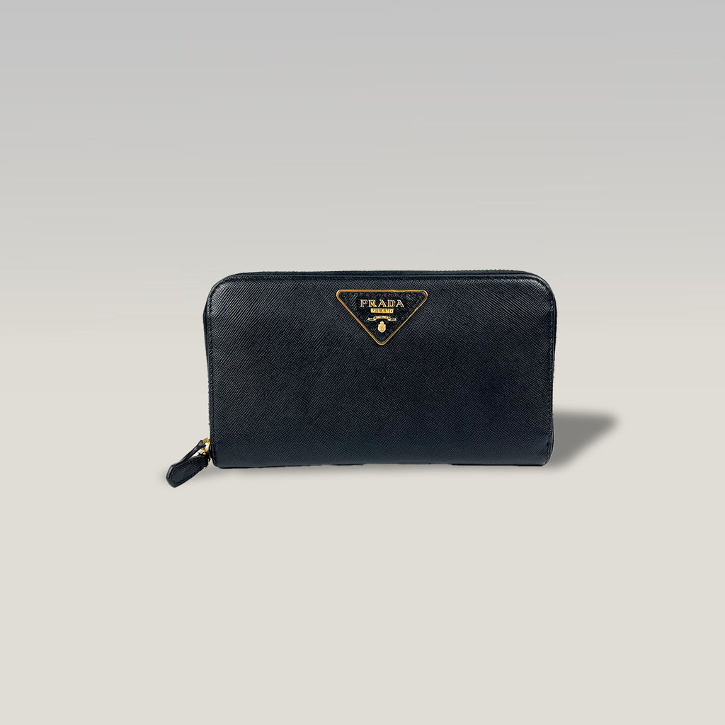Prada Zip Around Wallet in Black Saffiano Leather 