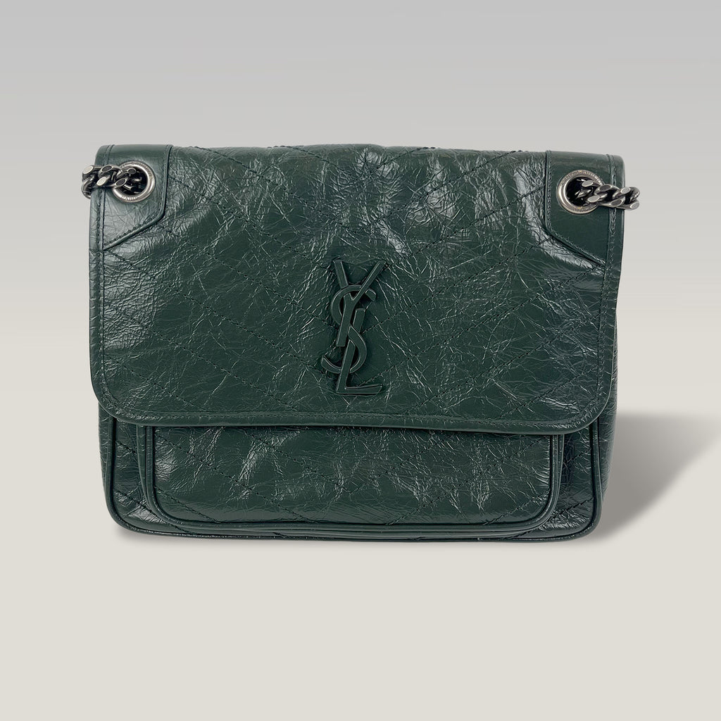 Saint Laurent Niki Medium Crinkled Leather Shoulder Bag Dark Green Chain Crossbody Bag