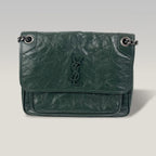 Saint Laurent Niki Medium Crinkled Leather Shoulder Bag Dark Green Chain Crossbody Bag