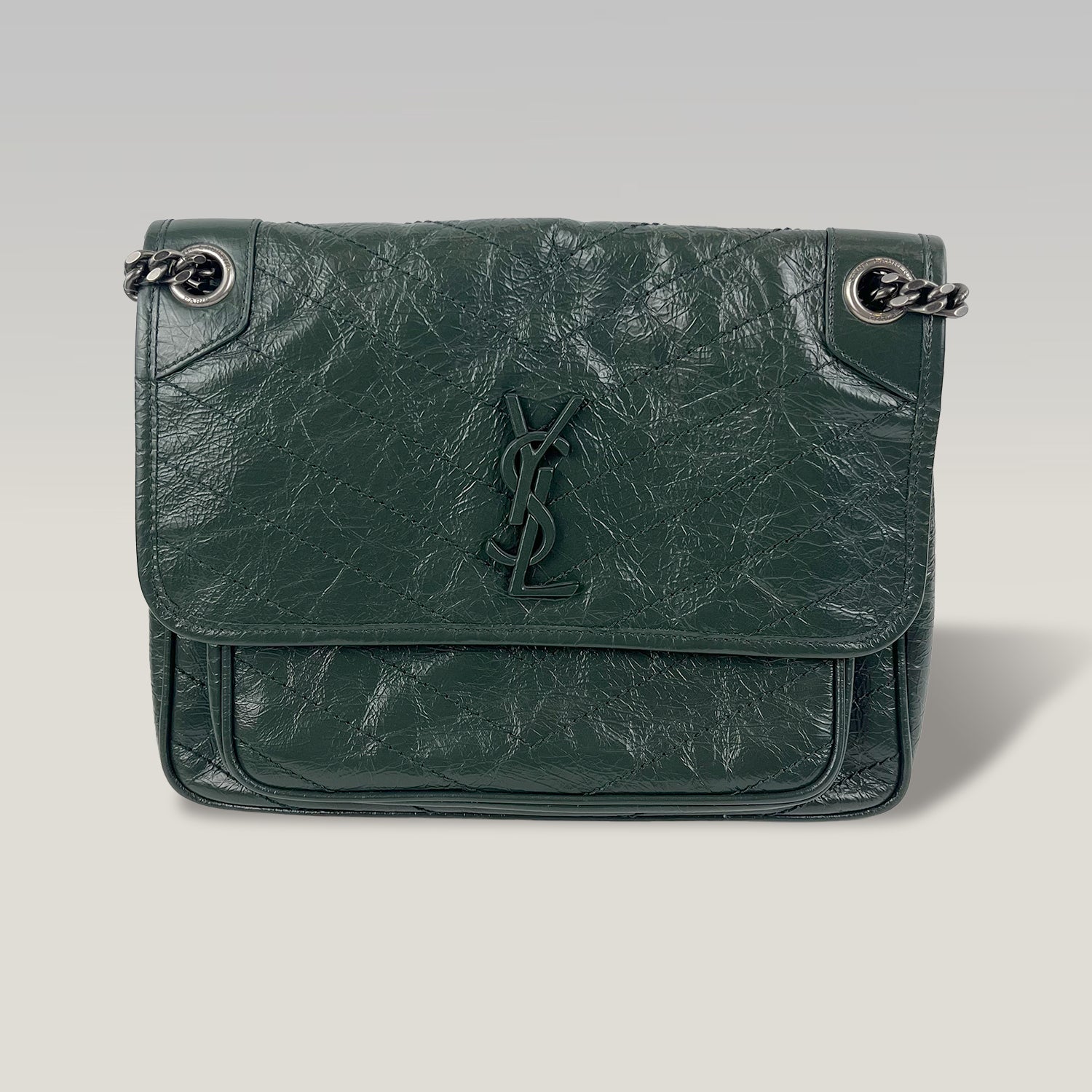 Saint Laurent Niki Medium Crinkled Leather Shoulder Bag Dark Green Chain Crossbody Bag
