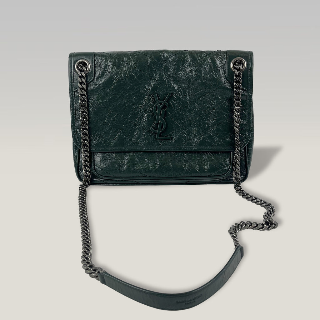Saint Laurent Niki Medium Crinkled Leather Shoulder Bag Dark Green Chain Crossbody Bag