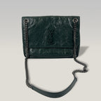 Saint Laurent Niki Medium Crinkled Leather Shoulder Bag Dark Green Chain Crossbody Bag