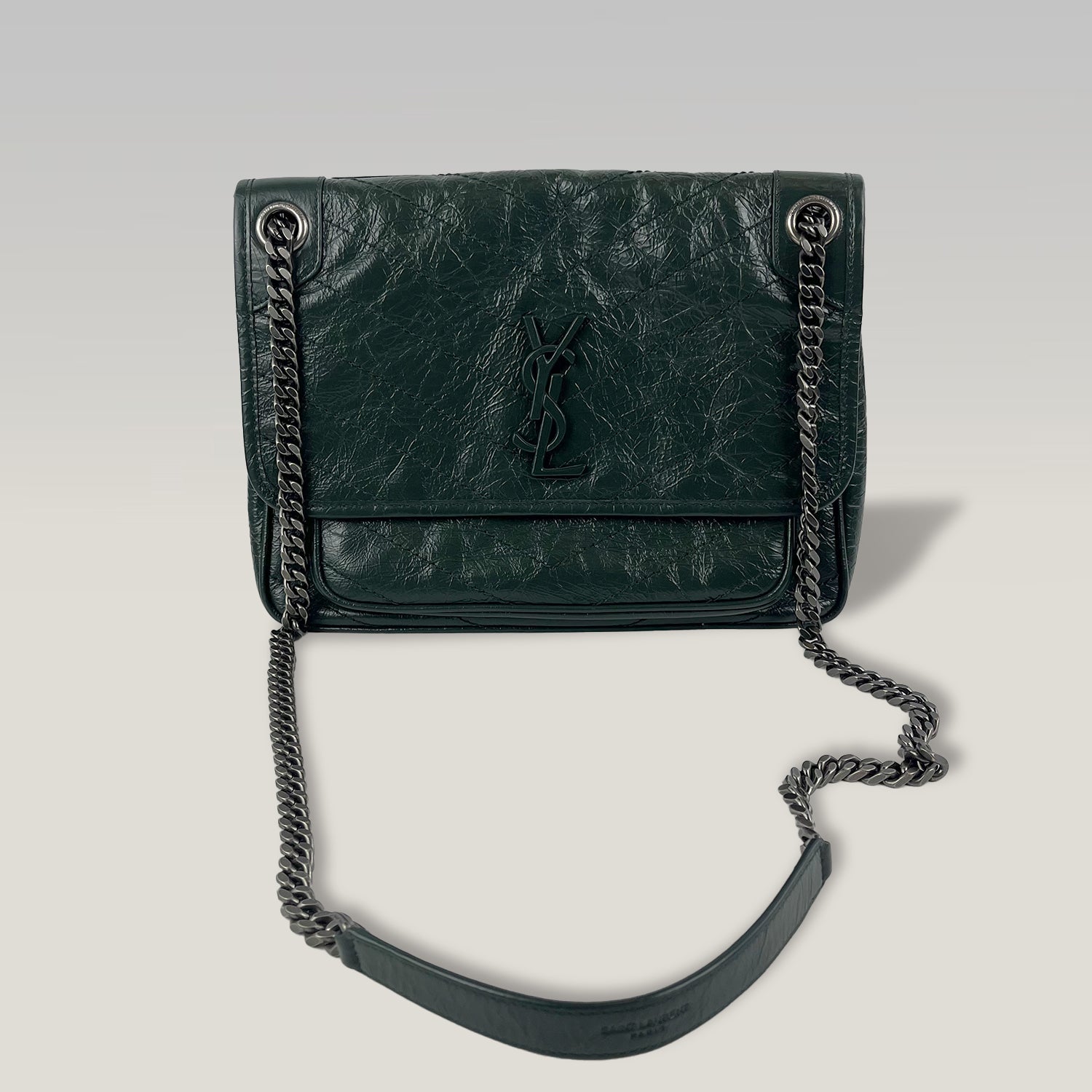 Saint Laurent Niki Medium Crinkled Leather Shoulder Bag Dark Green Chain Crossbody Bag