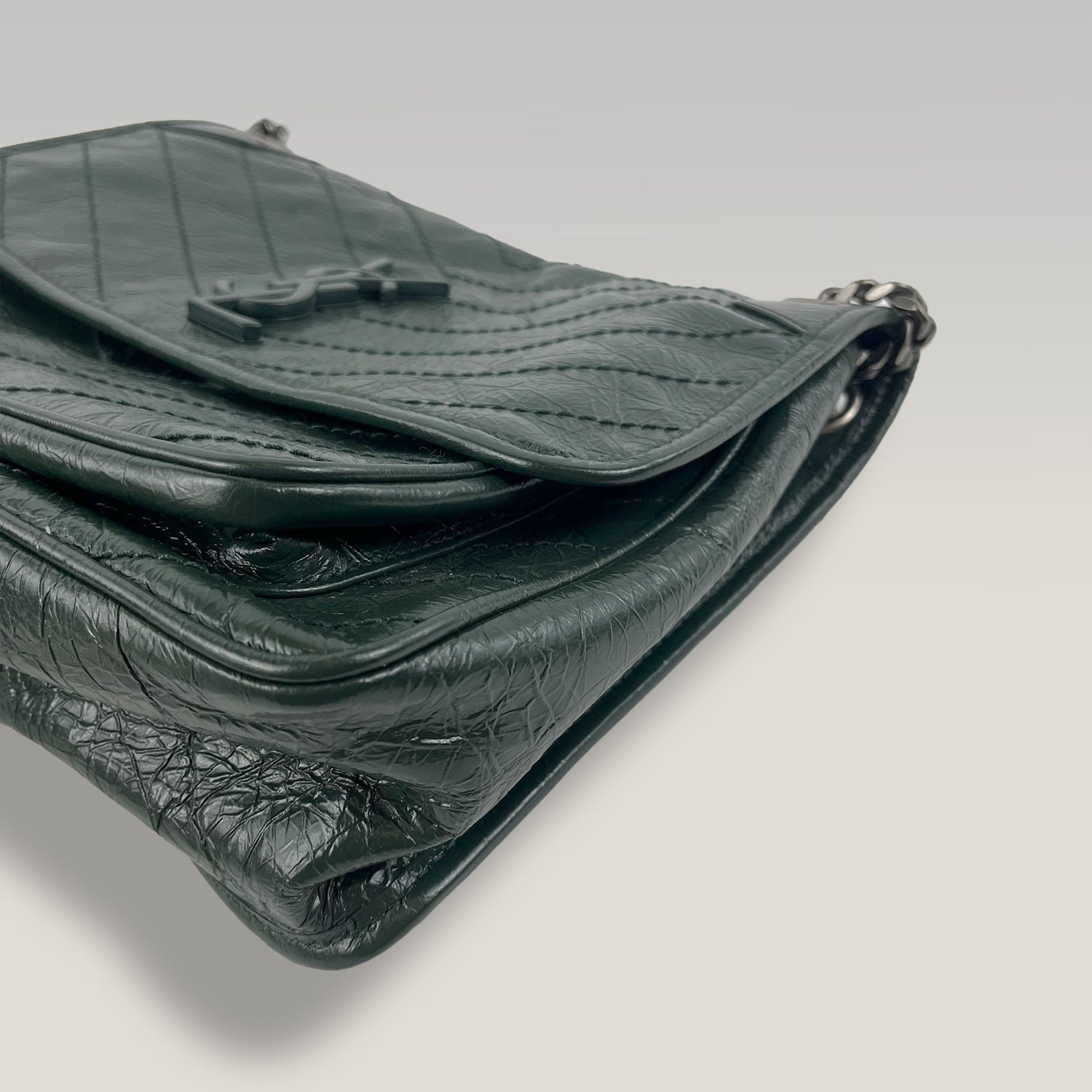Saint Laurent Niki Medium Crinkled Leather Shoulder Bag Dark Green Chain Crossbody Bag