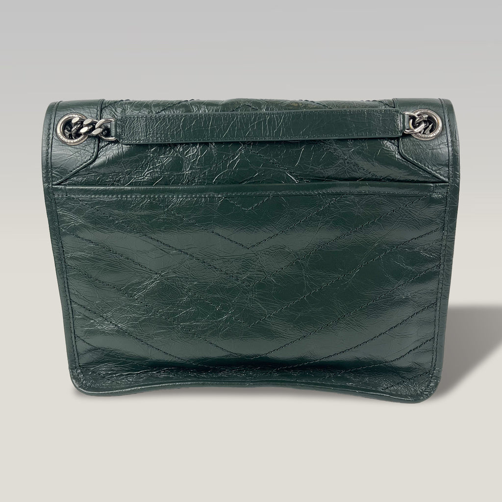 Saint Laurent Niki Medium Crinkled Leather Shoulder Bag Dark Green Chain Crossbody Bag