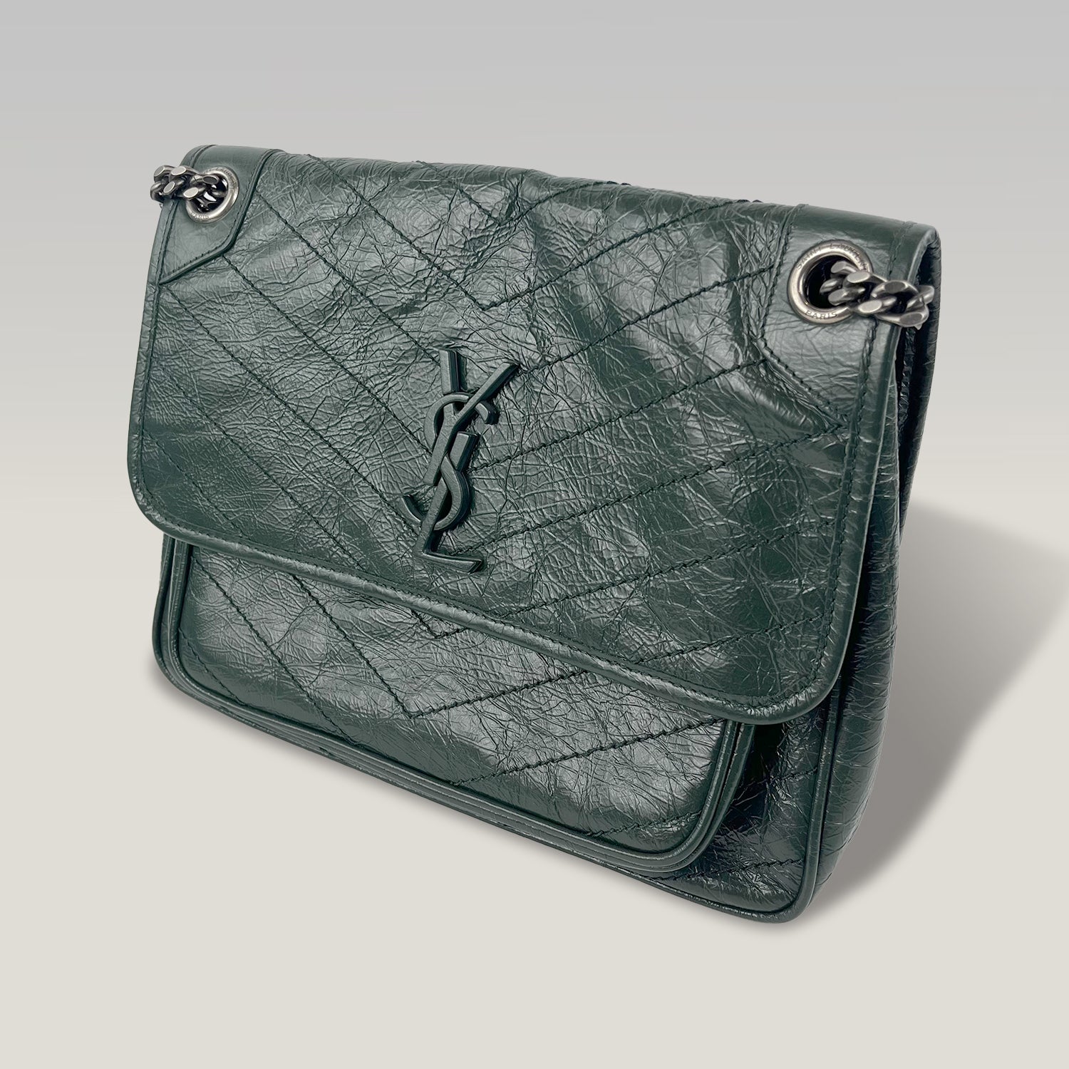 Saint Laurent Niki Medium Crinkled Leather Shoulder Bag Dark Green Chain Crossbody Bag