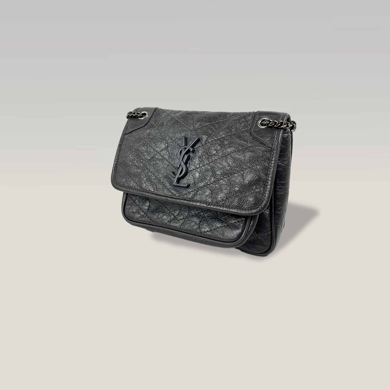 Saint Laurent Niki Small Gray Leather Chain Bag 