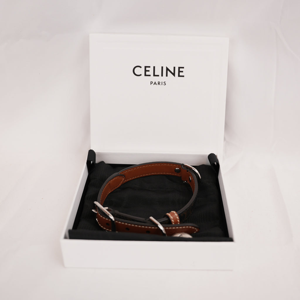 Celine Collare per Cane Medium in Tela Triomphe Marrone e Pelle di Vitello Tan con Medaglia Argentata