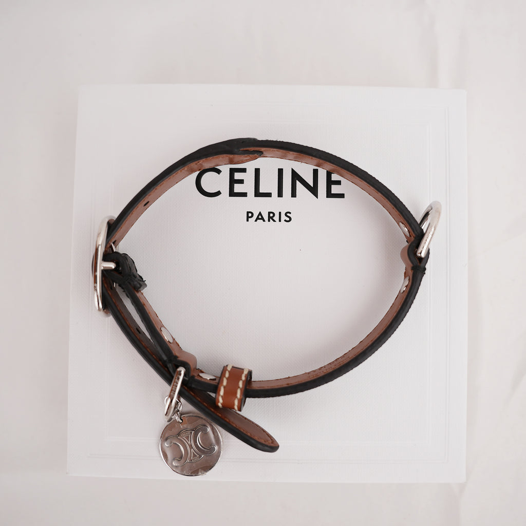 Celine Collare per Cane Medium in Tela Triomphe Marrone e Pelle di Vitello Tan con Medaglia Argentata