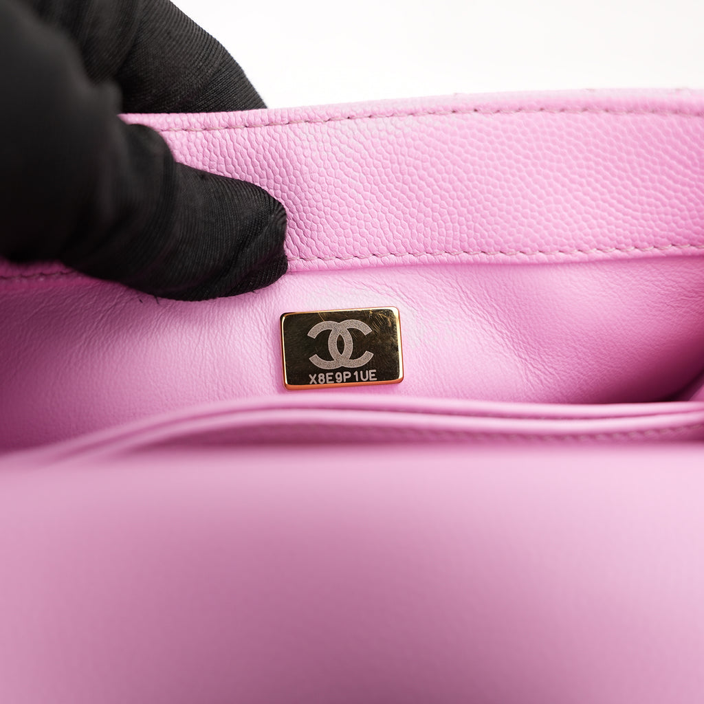 Chanel Coco Handle Small Borsa a Mano in Pelle Caviar Rosa Matelassé con Catena