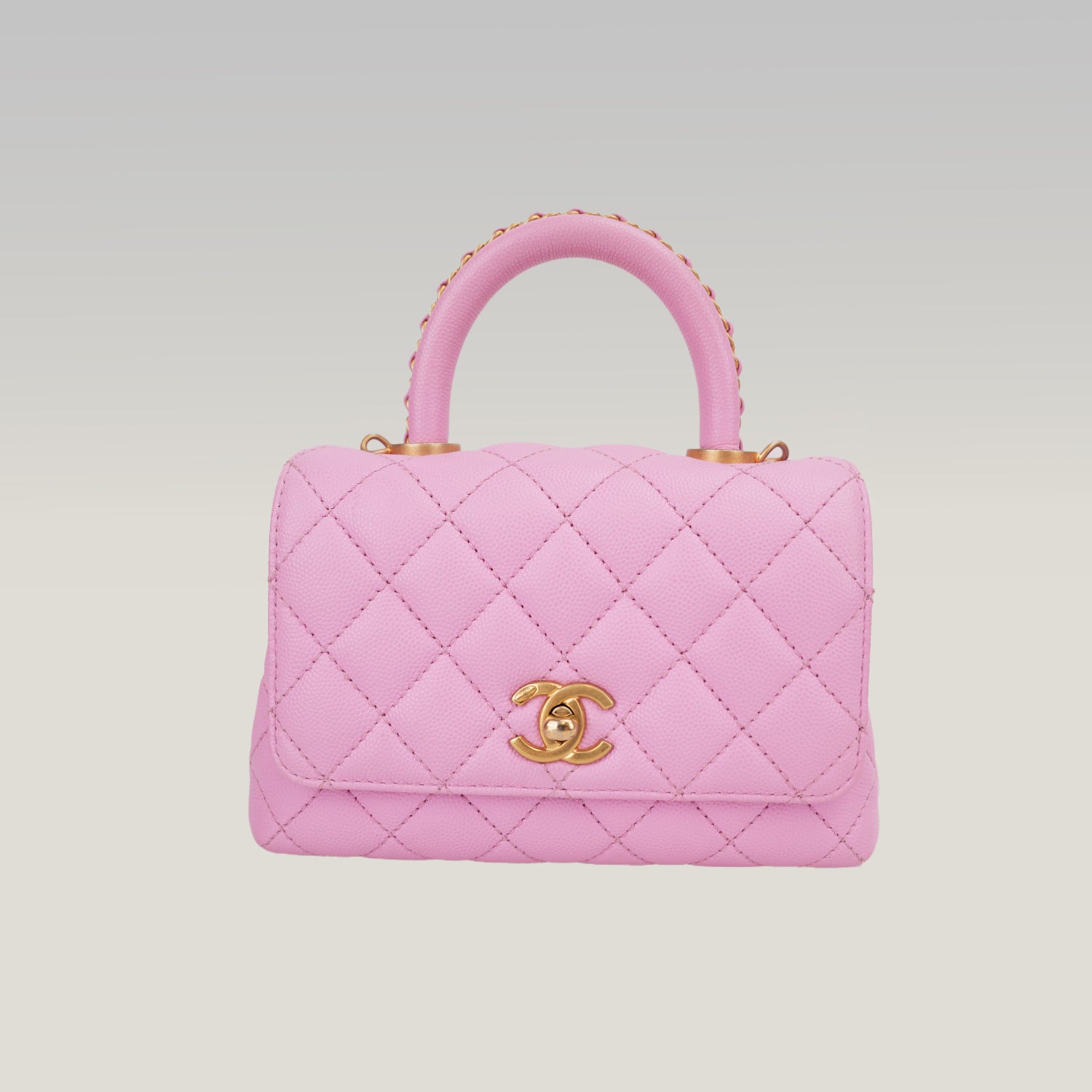 Chanel Coco Handle Small Borsa a Mano in Pelle Caviar Rosa Matelassé con Catena