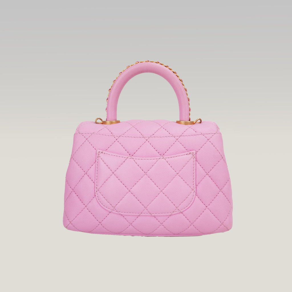 Chanel Coco Handle Small Borsa a Mano in Pelle Caviar Rosa Matelassé con Catena