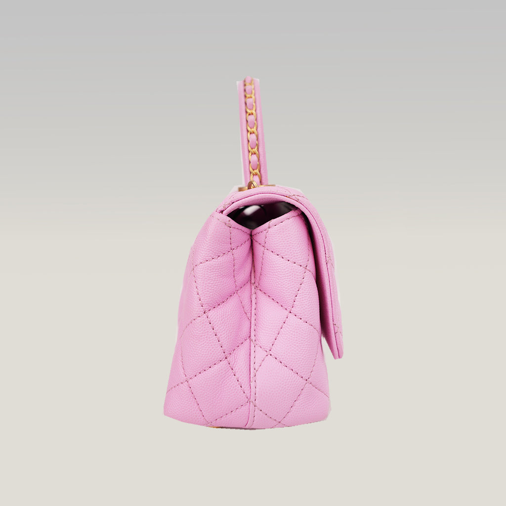 Chanel Coco Handle Small Borsa a Mano in Pelle Caviar Rosa Matelassé con Catena