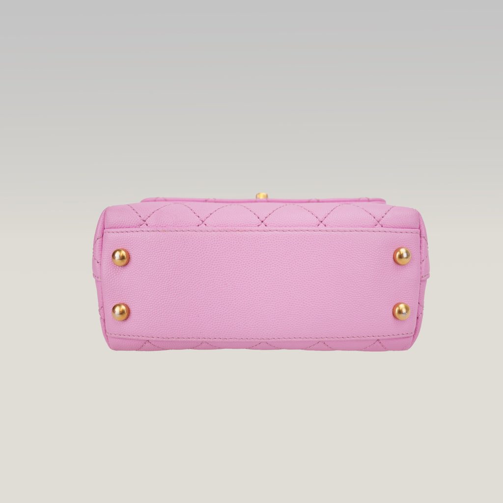 Chanel Coco Handle Small Borsa a Mano in Pelle Caviar Rosa Matelassé con Catena