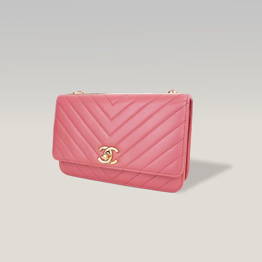 Chanel Trendy CC Wallet on Chain Rosa Chevron in Pelle di Agnello con Hardware Dorato