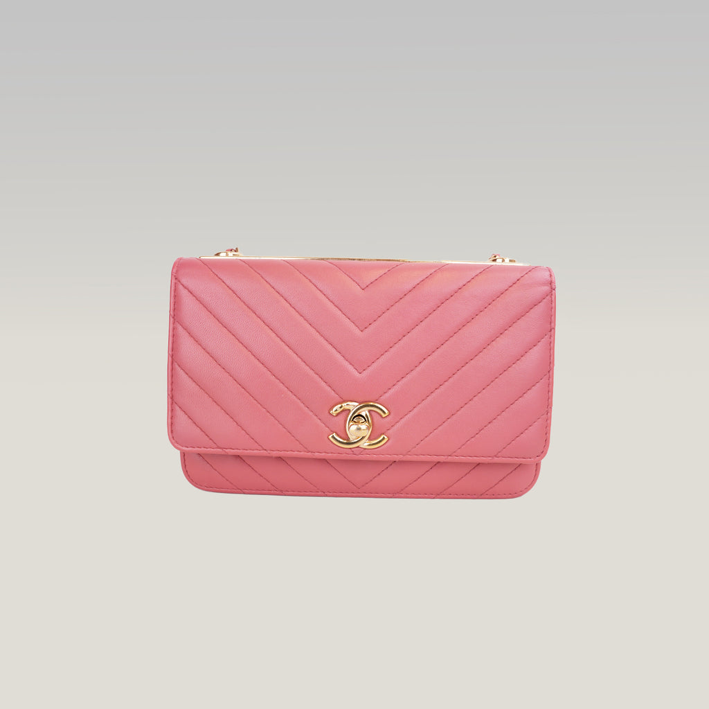 Chanel Trendy CC Wallet on Chain Rosa Chevron in Pelle di Agnello con Hardware Dorato