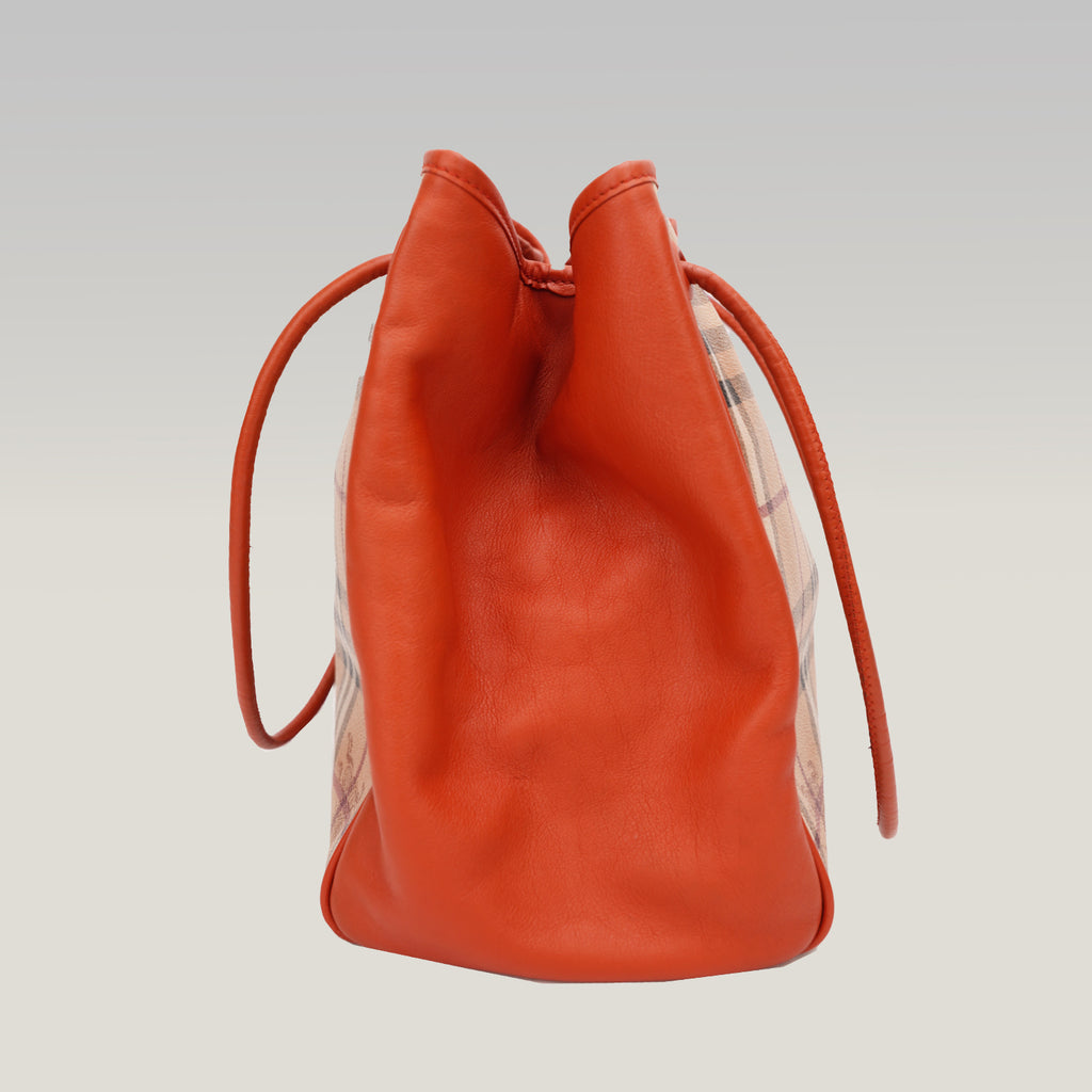 Burberry Borsa a Spalla Nova Check Beige con Dettagli Arancioni in Pelle