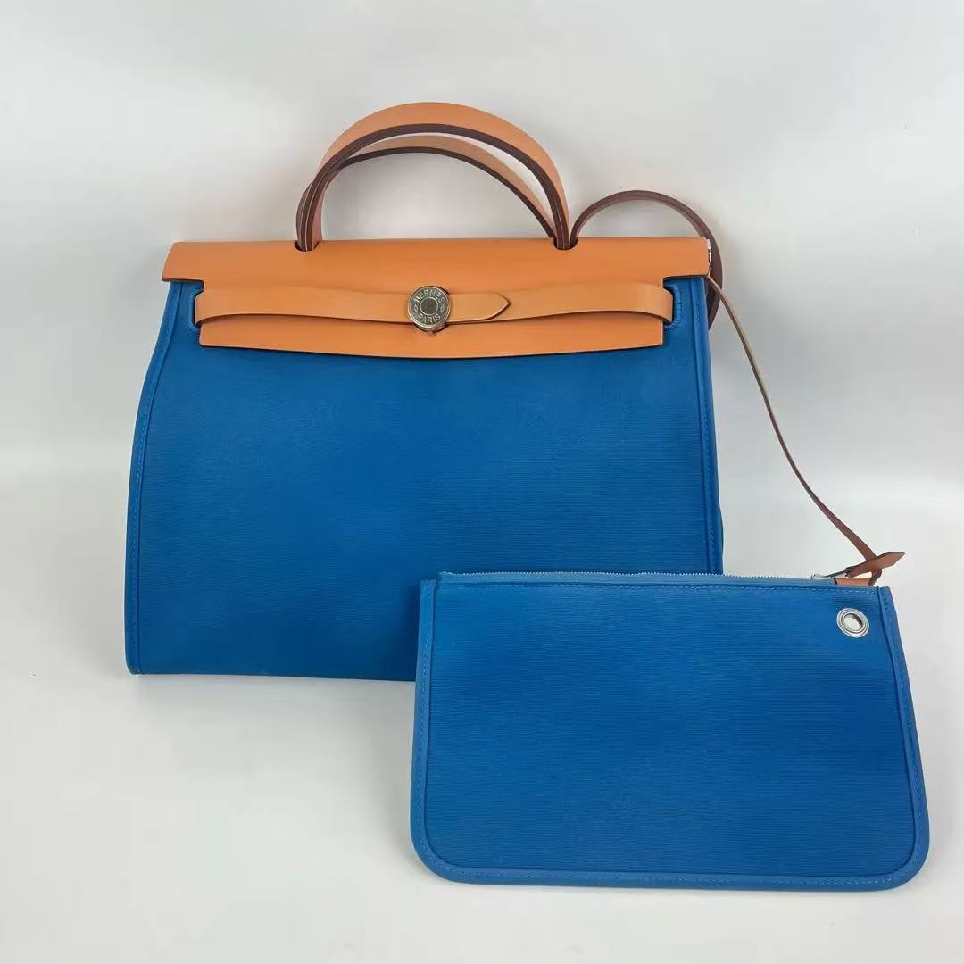 Hermès Herbag 31 borsa a spalla blu e marrone