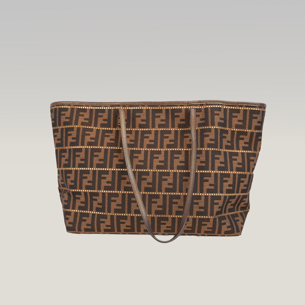 Borsa Tote Fendi Zucca FF Marrone in Tessuto Jacquard con Manici in Pelle – 36 cm