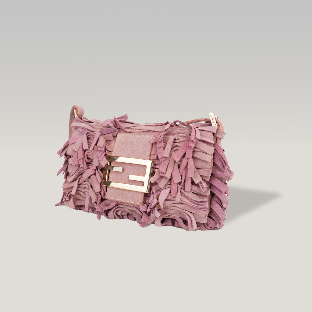 Fendi Baguette Rosa in Suede con Frange e Hardware Dorato