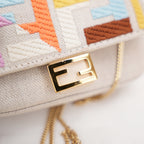 Fendi Nano Baguette Charm Grezzo Multicolor in Tela Ricamata FF con Catena