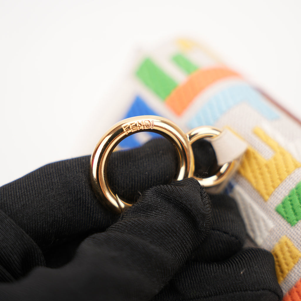 Fendi Nano Baguette Charm Grezzo Multicolor in Tela Ricamata FF con Catena