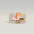 Fendi Nano Baguette Charm Grezzo Multicolor in Tela Ricamata FF con Catena