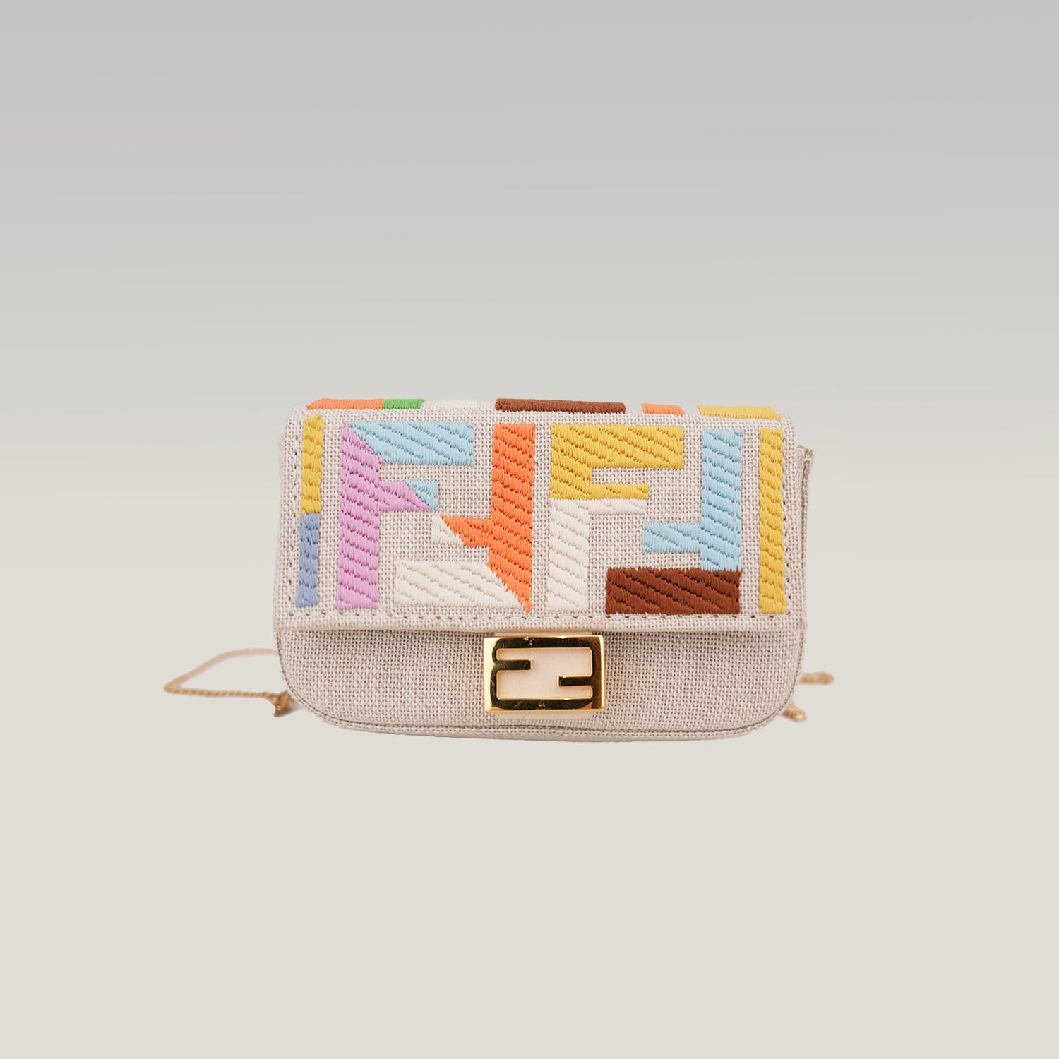 Fendi Nano Baguette Charm Grezzo Multicolor in Tela Ricamata FF con Catena