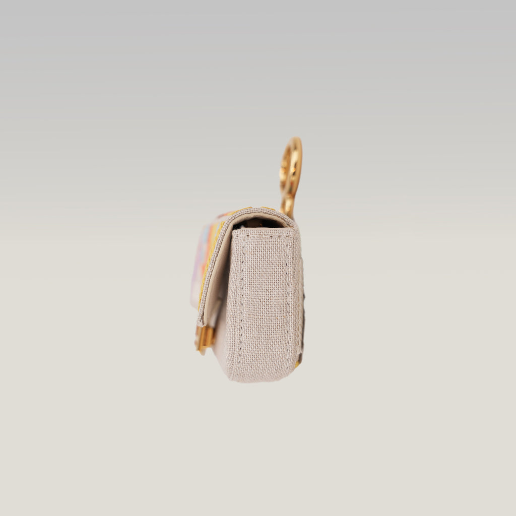 Fendi Nano Baguette Charm Grezzo Multicolor in Tela Ricamata FF con Catena