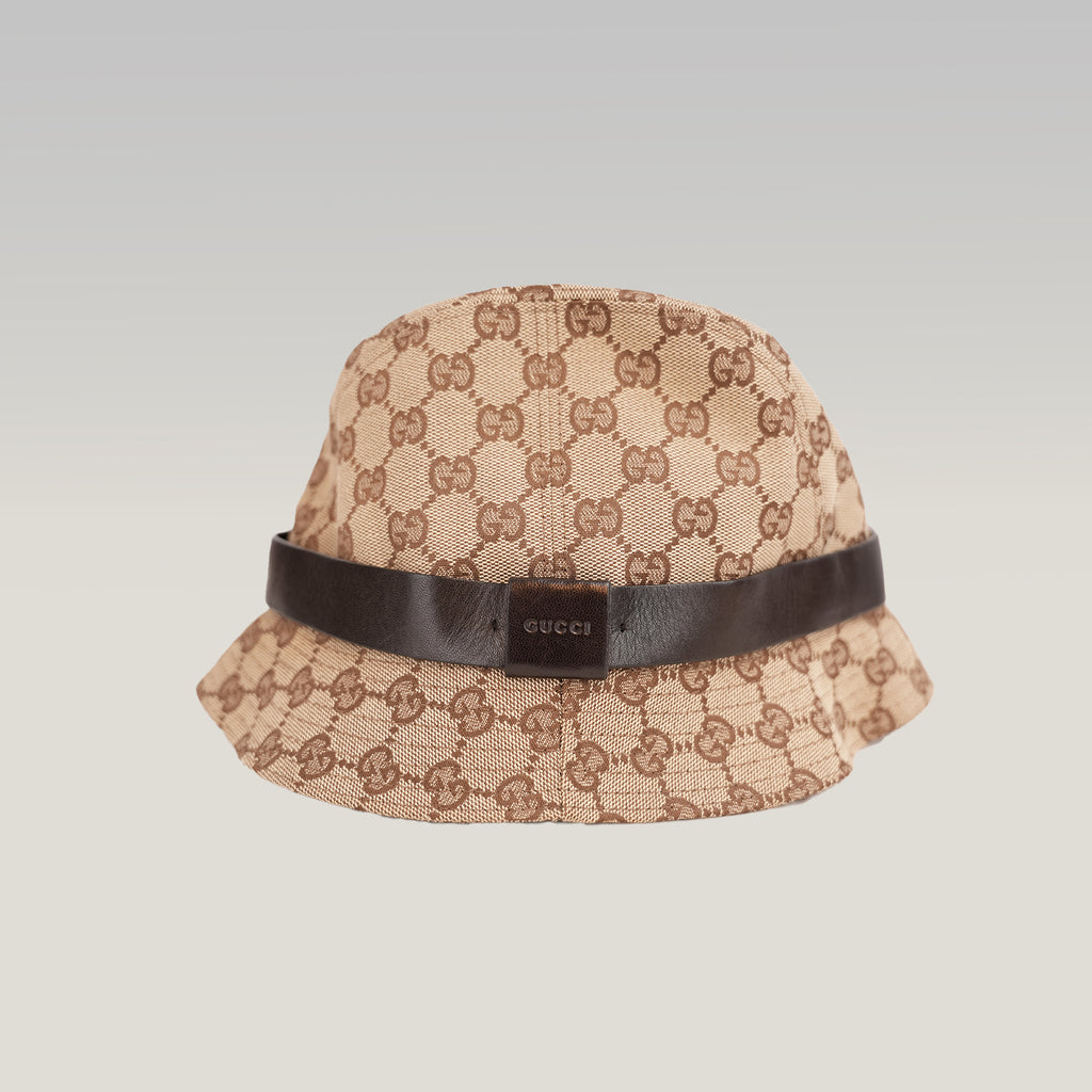 Gucci Cappello Bucket GG Beige in Tela Monogram con Fascia in Pelle Marrone