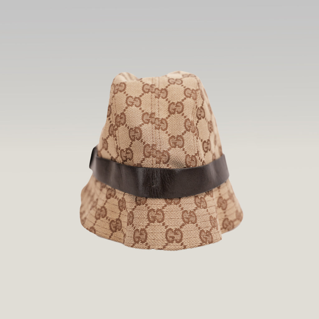 Gucci Cappello Bucket GG Beige in Tela Monogram con Fascia in Pelle Marrone