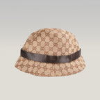Gucci Cappello Bucket GG Beige in Tela Monogram con Fascia in Pelle Marrone