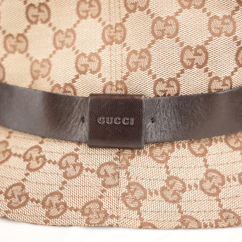 Gucci Cappello Bucket GG Beige in Tela Monogram con Fascia in Pelle Marrone
