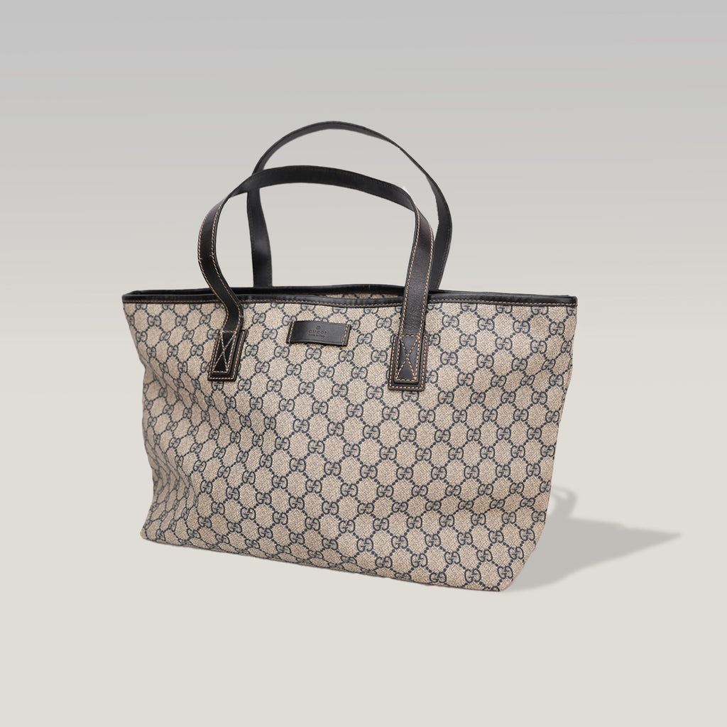 Gucci GG Canvas Tote Bag Blue Beige Monogram Shopper Shoulder Bag Leather Trim