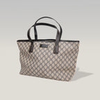 Gucci GG Canvas Tote Bag Blue Beige Monogram Shopper Shoulder Bag Leather Trim