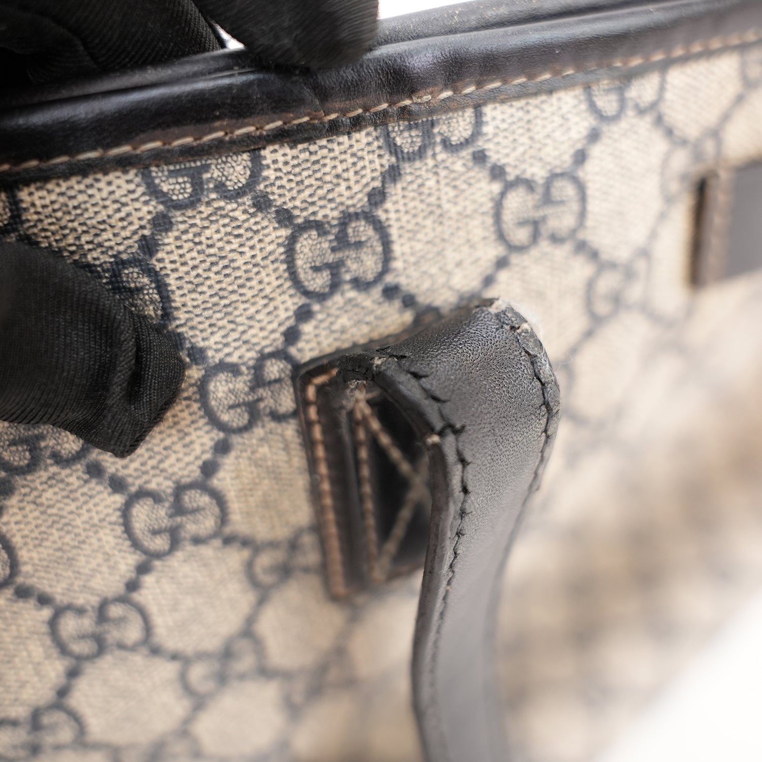 Gucci GG Canvas Tote Bag Blue Beige Monogram Shopper Shoulder Bag Leather Trim