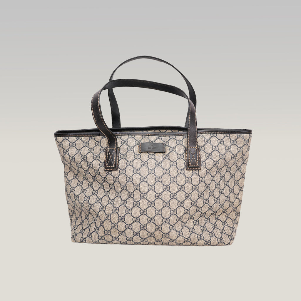 Gucci GG Canvas Tote Bag Blue Beige Monogram Shopper Shoulder Bag Leather Trim