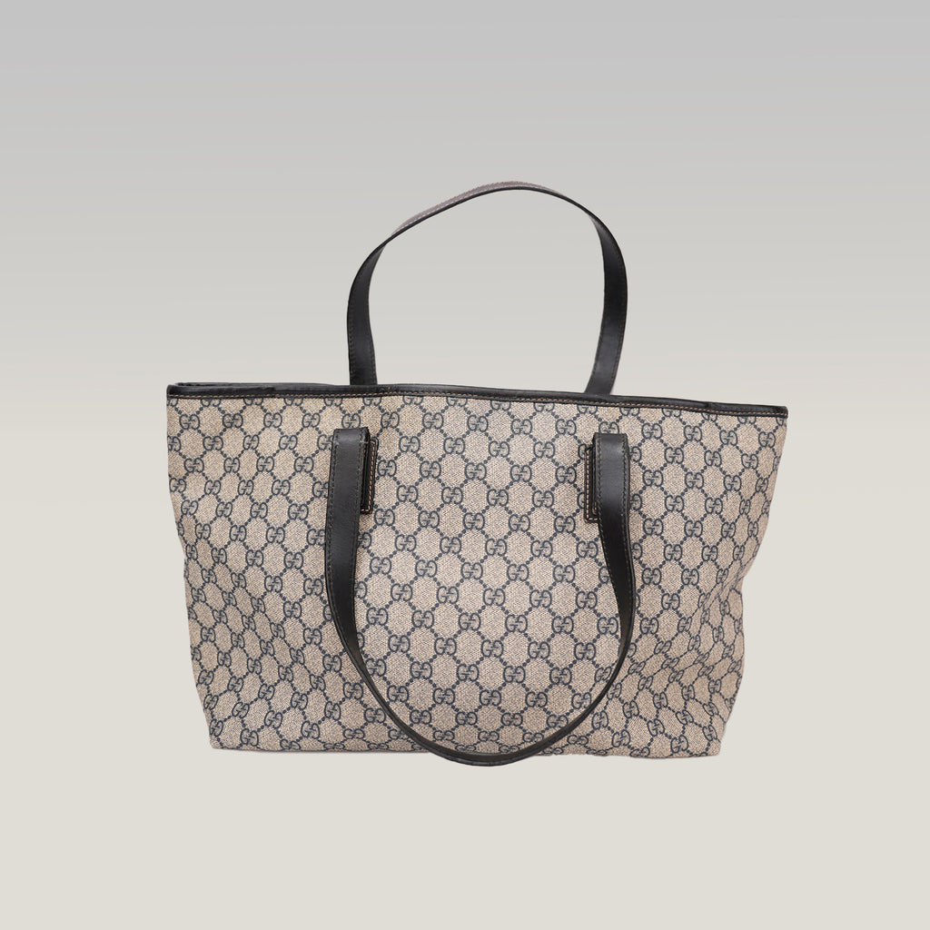Gucci GG Canvas Tote Bag Blue Beige Monogram Shopper Shoulder Bag Leather Trim