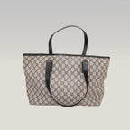 Gucci GG Canvas Tote Bag Blue Beige Monogram Shopper Shoulder Bag Leather Trim