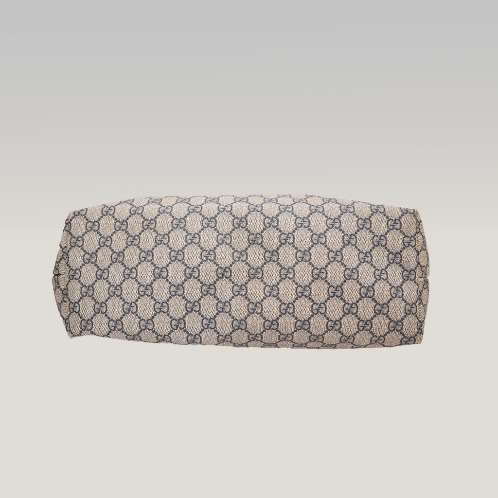 Gucci GG Canvas Tote Bag Blue Beige Monogram Shopper Shoulder Bag Leather Trim