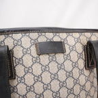 Gucci GG Canvas Tote Bag Blue Beige Monogram Shopper Shoulder Bag Leather Trim