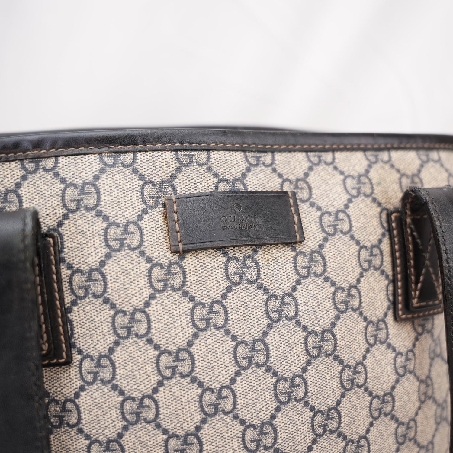 Gucci GG Canvas Tote Bag Blue Beige Monogram Shopper Shoulder Bag Leather Trim