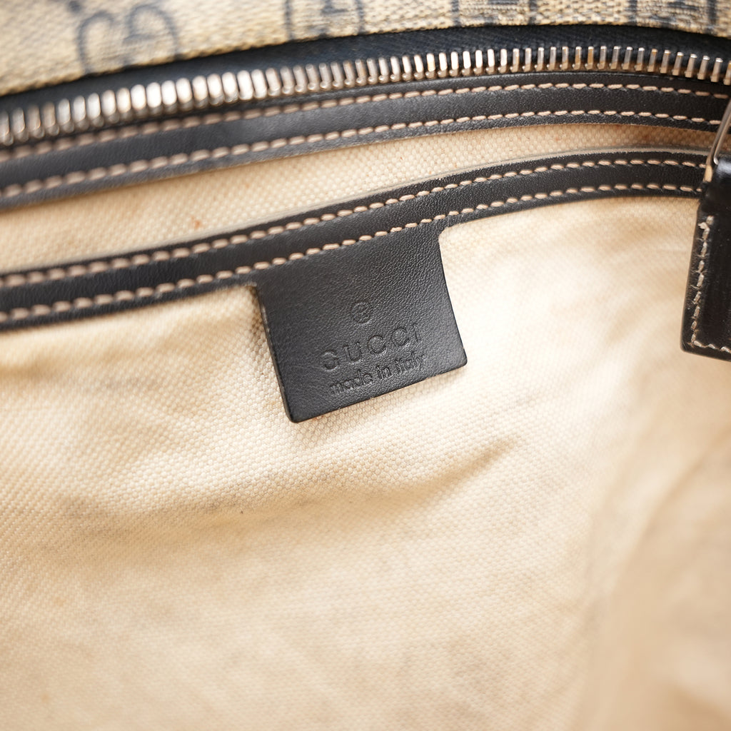 Gucci GG Canvas Tote Bag Blue Beige Monogram Shopper Shoulder Bag Leather Trim