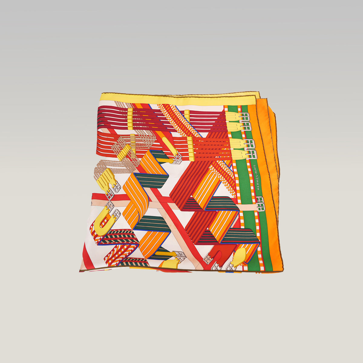 Hermès Carré 90 Double Sangle Foulard Vintage in Seta Multicolore con Motivo a Cinghie 90x90 cm
