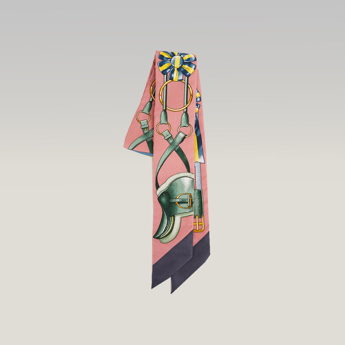 Hermès Twilly Jumping in Seta Rosa con Motivo Equestre Multicolore
