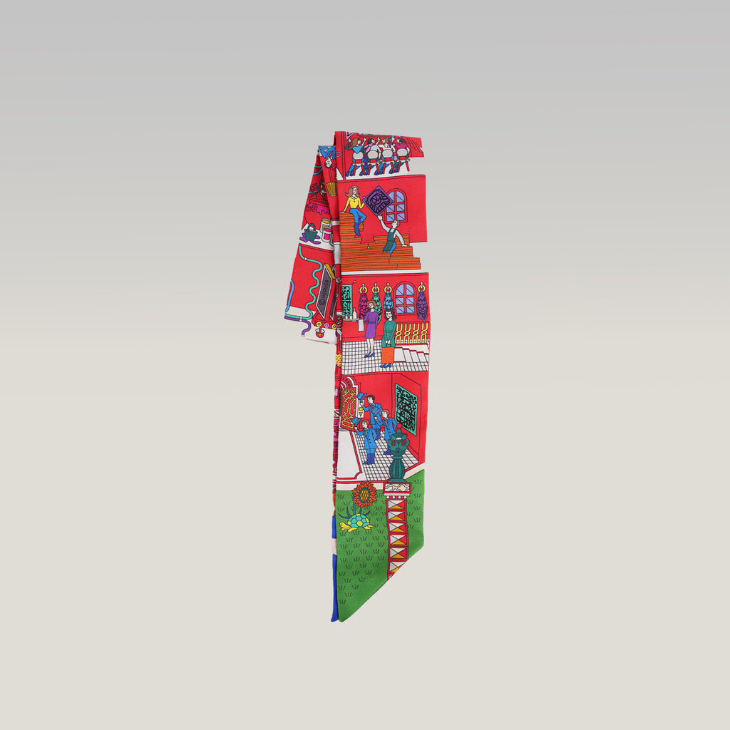 Hermès Twilly in Seta Multicolore con Stampa Illustrata Rossa