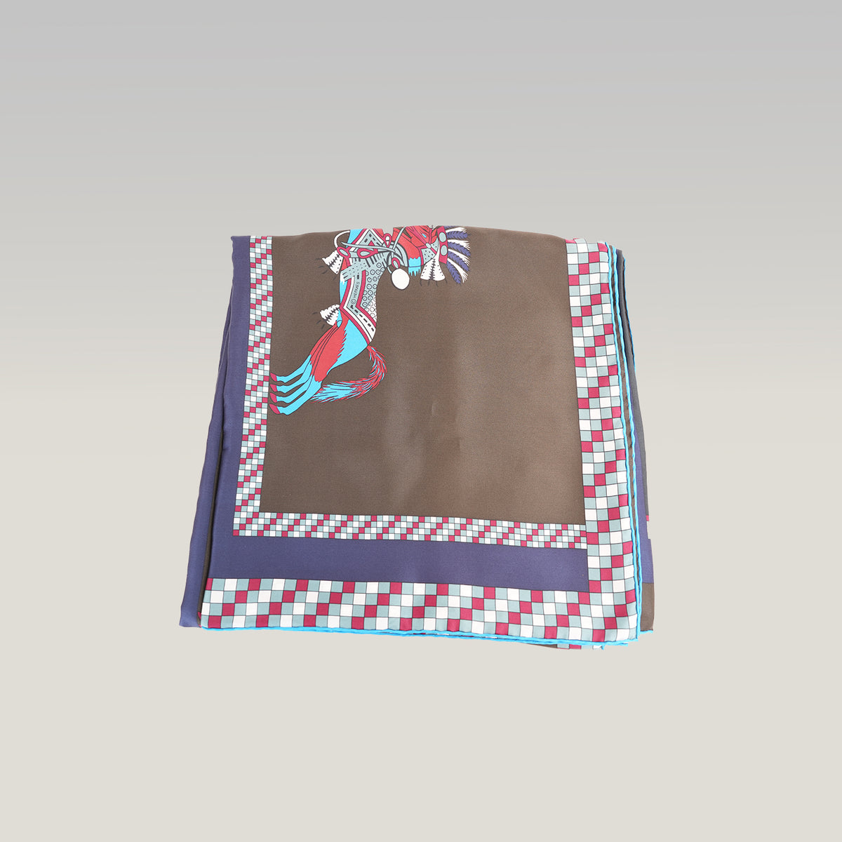 Hermès Foulard Vintage Grande Carré in Seta Marrone con Stampa Equestre Multicolore